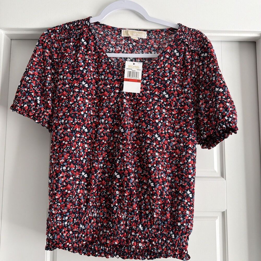 Michael Kors Cottagecore Coquette Smocked Hem Floral Short Sleeve Top xs